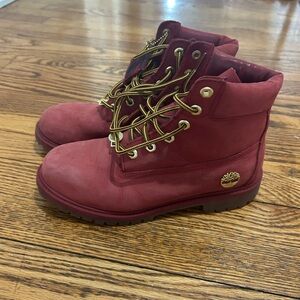 Timberland Burgundy Nubuck Lace-Up Boots with Gold Hardware